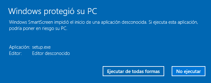 Ventana de aviso al abrir el instalador en Windows 10 (tras hacer click en "Más información"